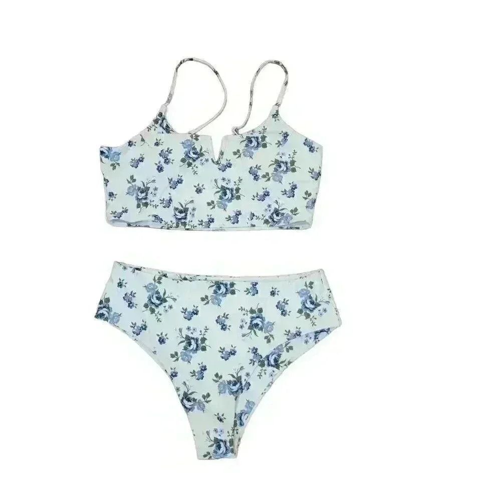 Zaful Women's White & Blue Poly/Spandex Floral Bikini w Removeable Pads & Adj St